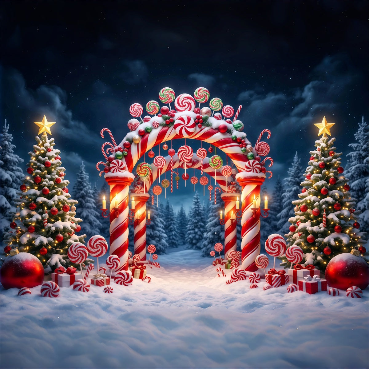 Weihnachtlicher Zuckerstangen-Hintergrund Verschneiter Wald Süßigkeitenbogen RR610-68