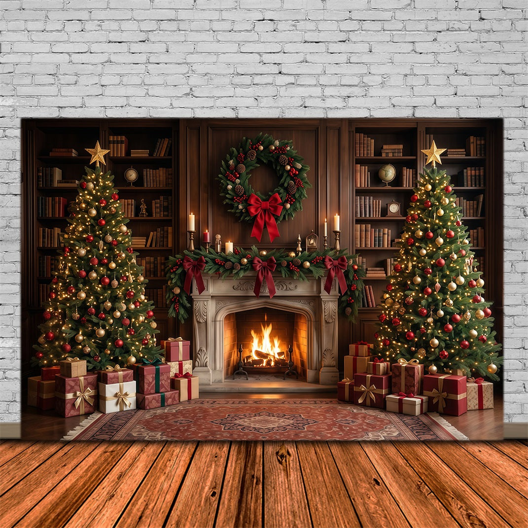 Weihnachtlicher Fotohintergrund Elegante Bibliothek Kamin-Dekoration RR610-71