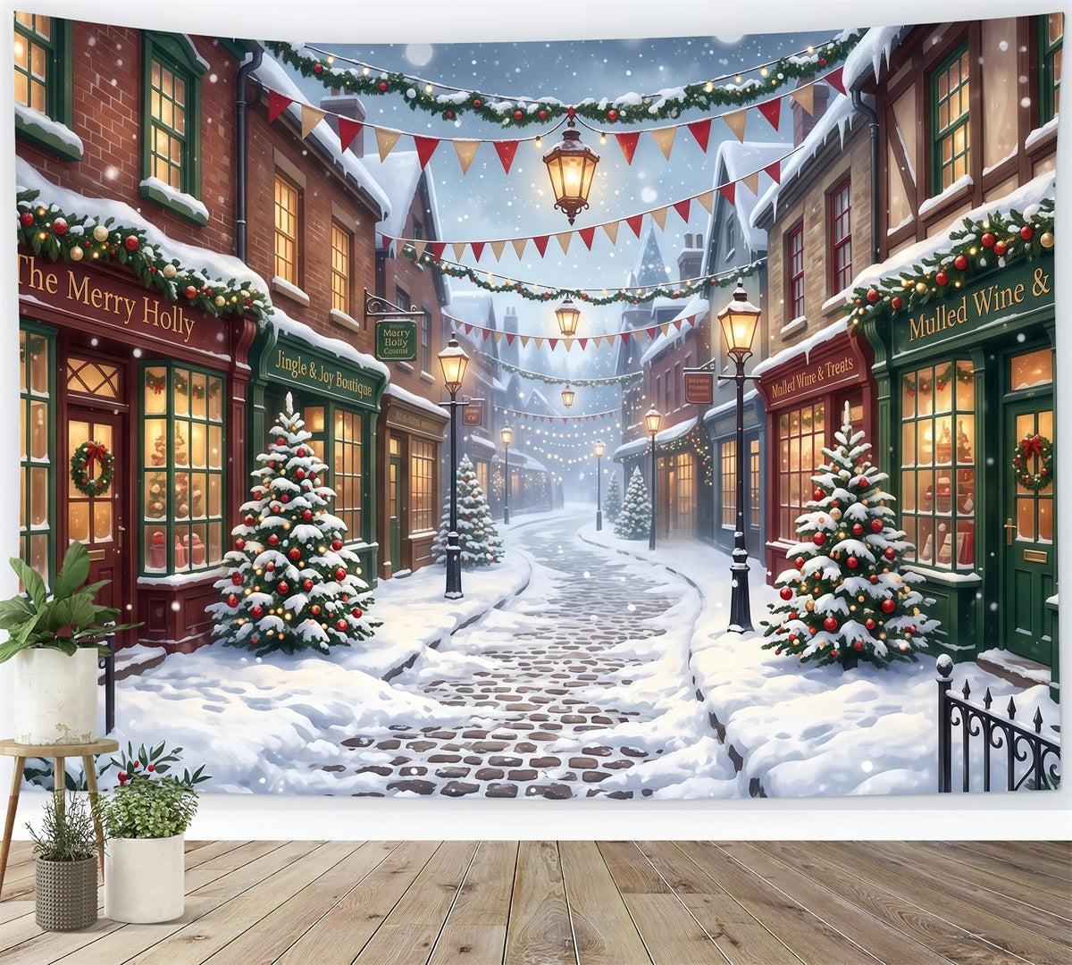Weihnachtsdorf-Hintergrund Verschneite Einkaufsstraße RR610-73