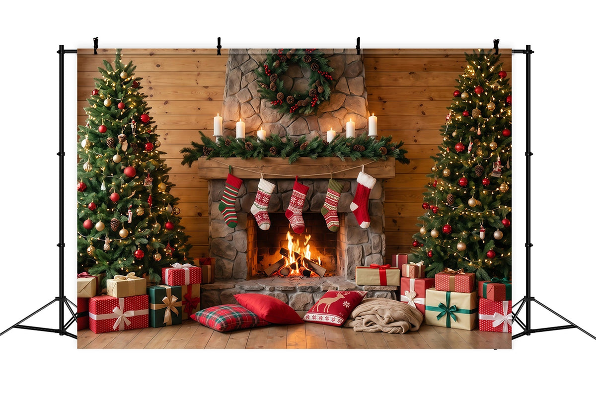 Weihnachtskamin-Hintergrund Rustikaler Steinkamin Weihnachtssocken RR610-74