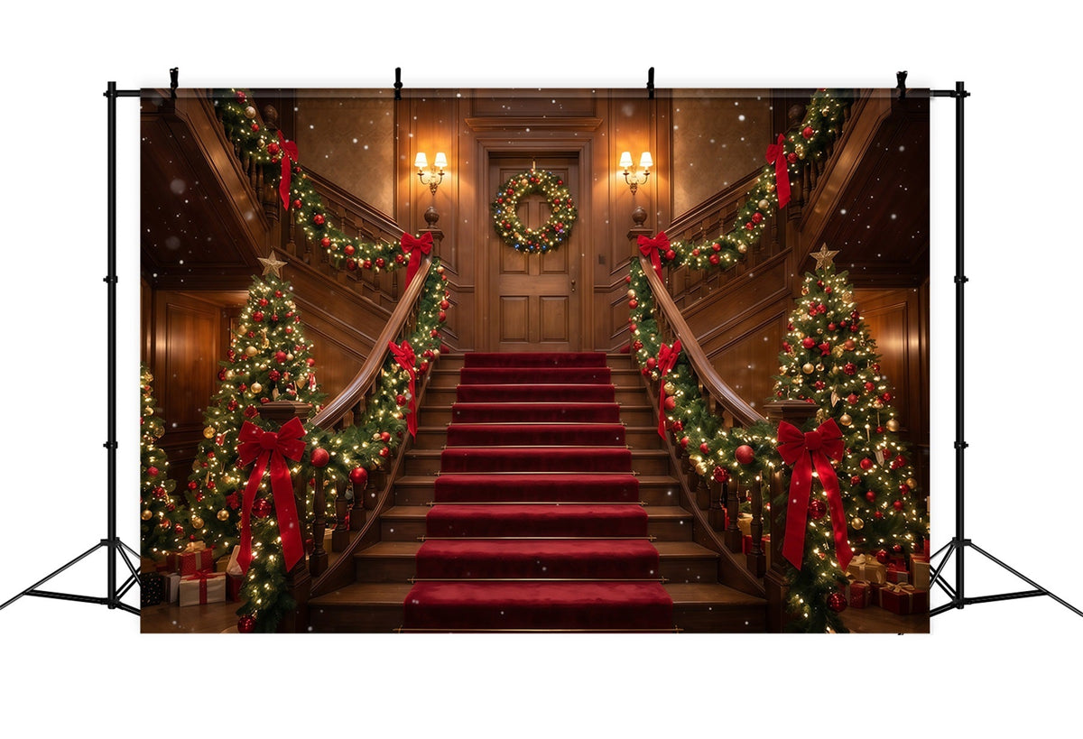 Weihnachtlicher Szenenhintergrund Burgunderrote Treppe Girlandendekoration RR610-75