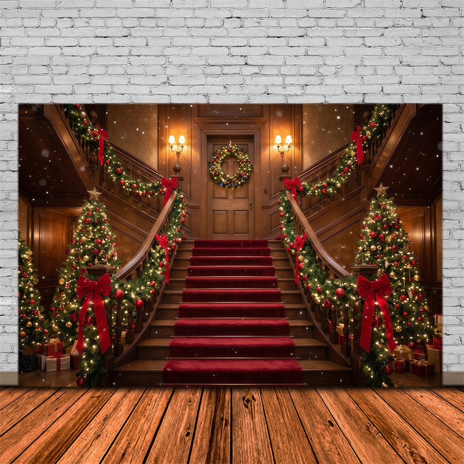 Weihnachtlicher Szenenhintergrund Burgunderrote Treppe Girlandendekoration RR610-75