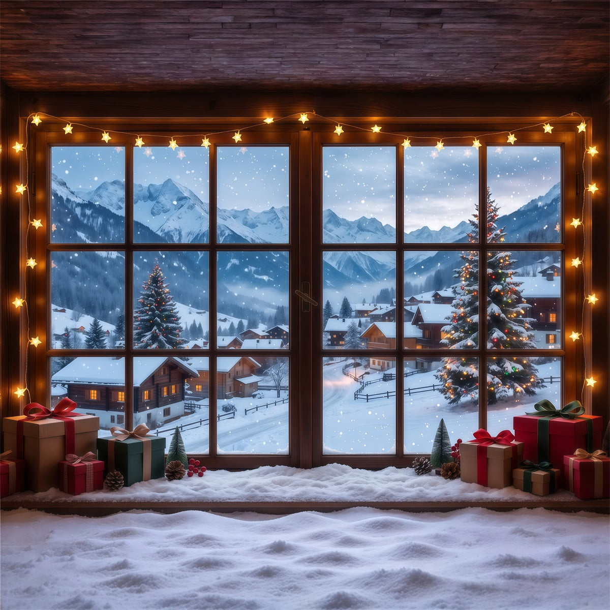 Winterlicher Weihnachtshintergrund Verschneites Alpenhüttenfenster RR610-77