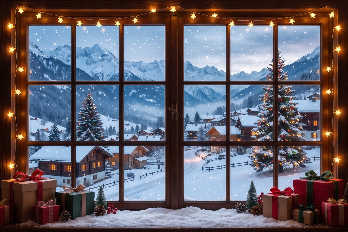 Winterlicher Weihnachtshintergrund Verschneites Alpenhüttenfenster RR610-77