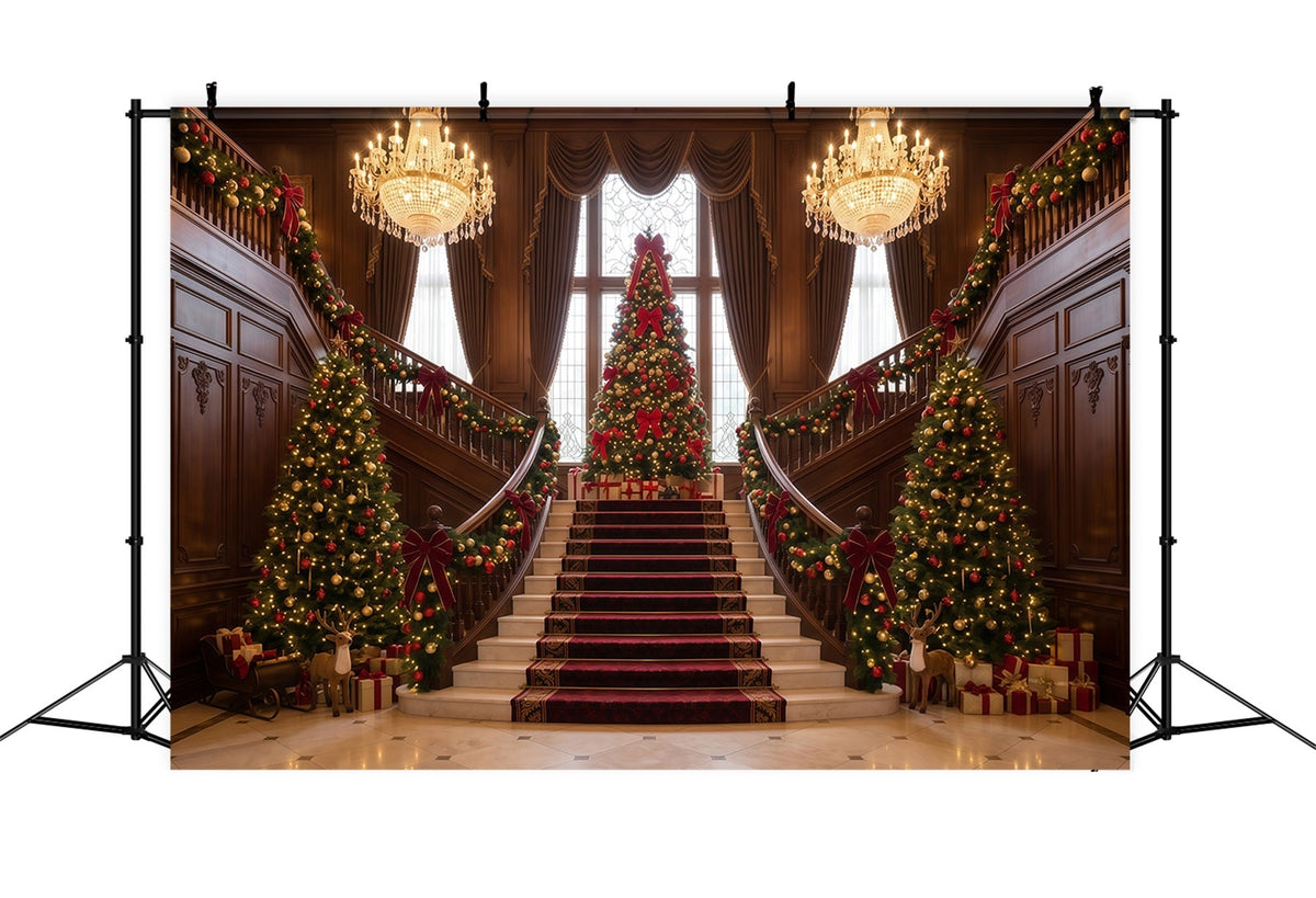 Weihnachtlicher Wohnzimmerhintergrund Große Treppe Immergrüne Dekoration RR610-78