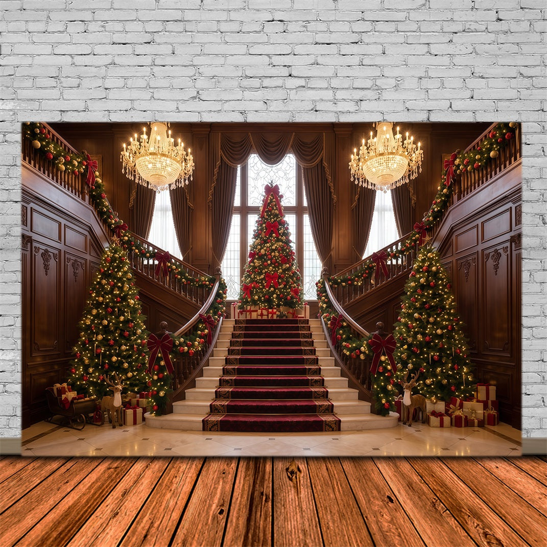 Weihnachtlicher Wohnzimmerhintergrund Große Treppe Immergrüne Dekoration RR610-78