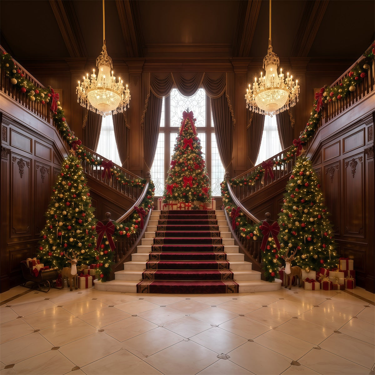 Weihnachtlicher Wohnzimmerhintergrund Große Treppe Immergrüne Dekoration RR610-78