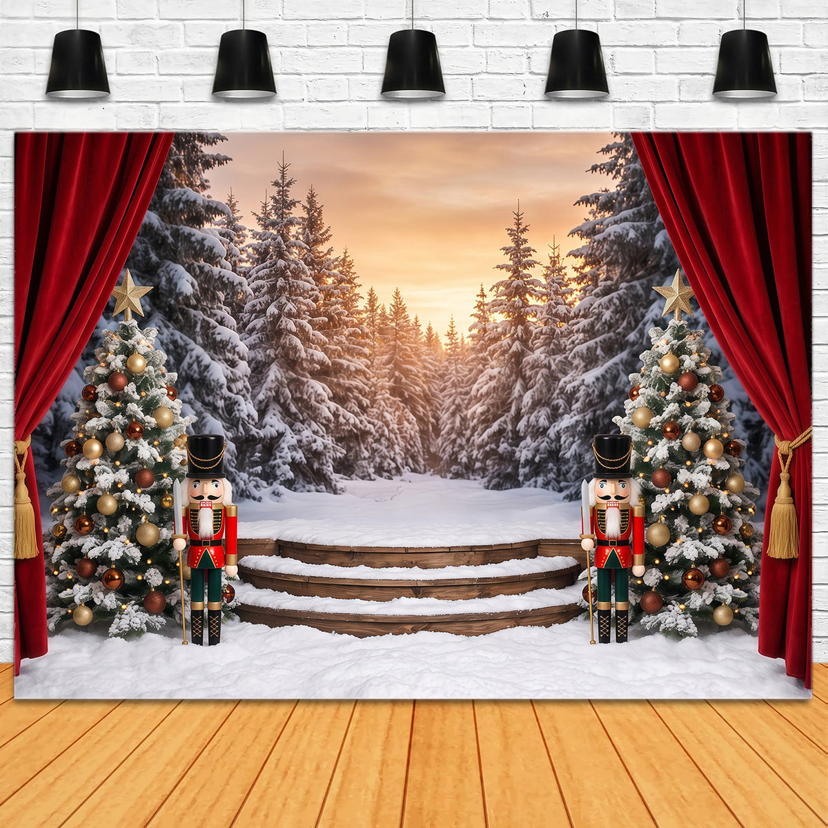 Weihnachtlicher Themenhintergrund Verschneiter Wald Bühnenvorhang Nussknacker RR610-79