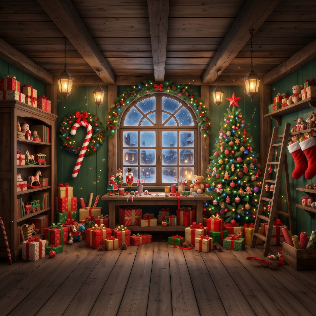 Santa-Hintergrund Festliches Spielzeugwerkstatt-Fenster RR610-82