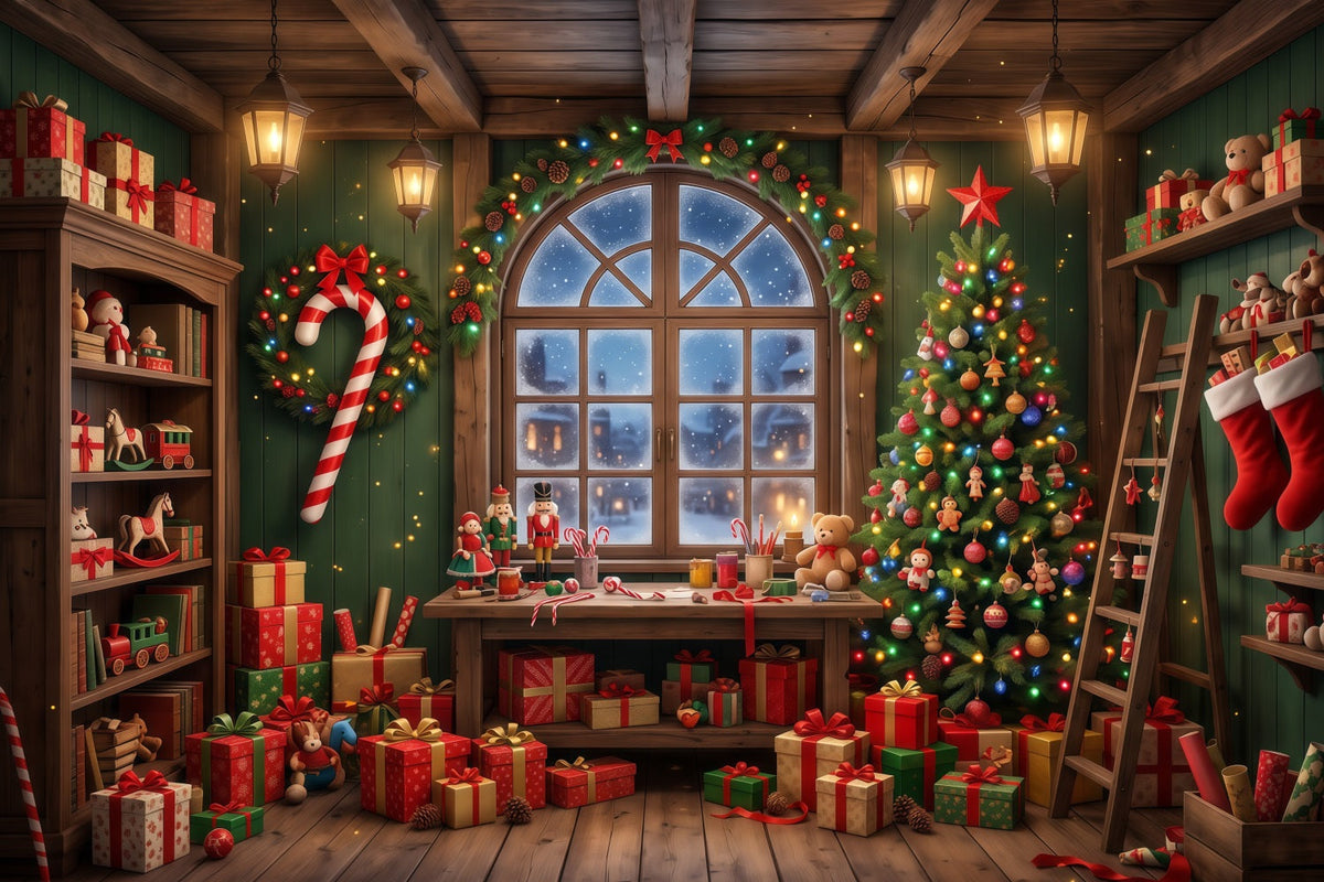 Santa-Hintergrund Festliches Spielzeugwerkstatt-Fenster RR610-82