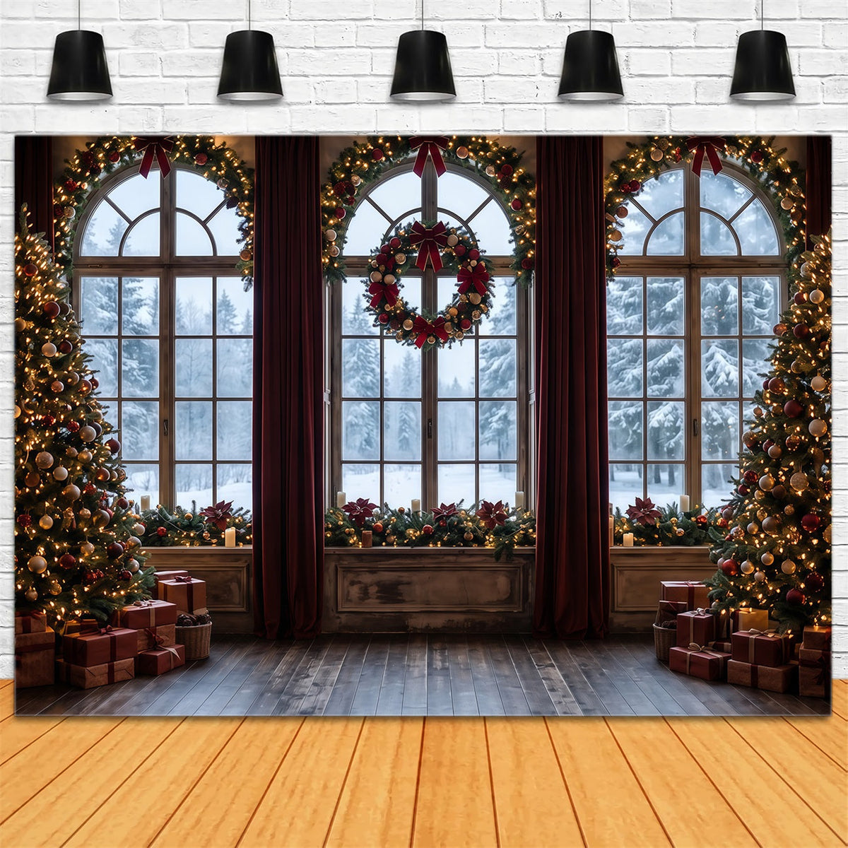 Weihnachtlicher Hintergrund Frostiges Fenster Kranzdekoration RR610-85