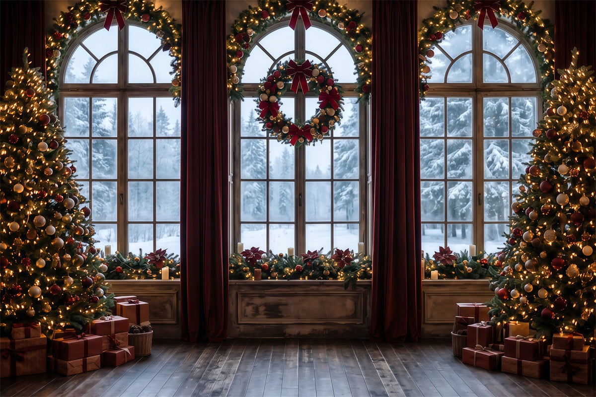 Weihnachtlicher Hintergrund Frostiges Fenster Kranzdekoration RR610-85