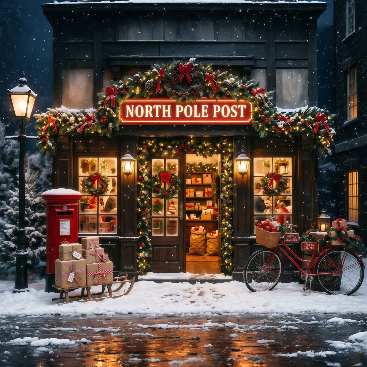 Nordpol-Fotohintergrund Verschneites Postamt RR610-93