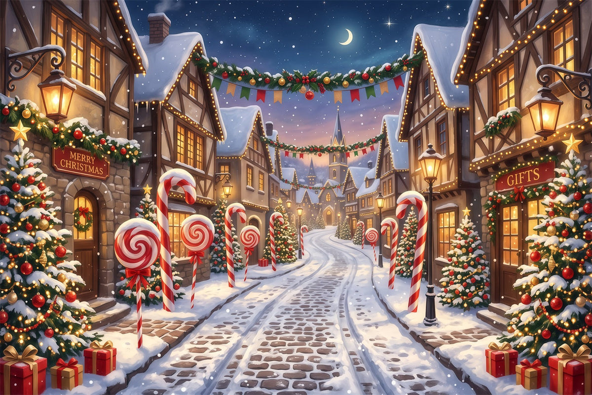 Weihnachtsdorf-Hintergrund Zuckerstangen Verschneite Straße RR610-94