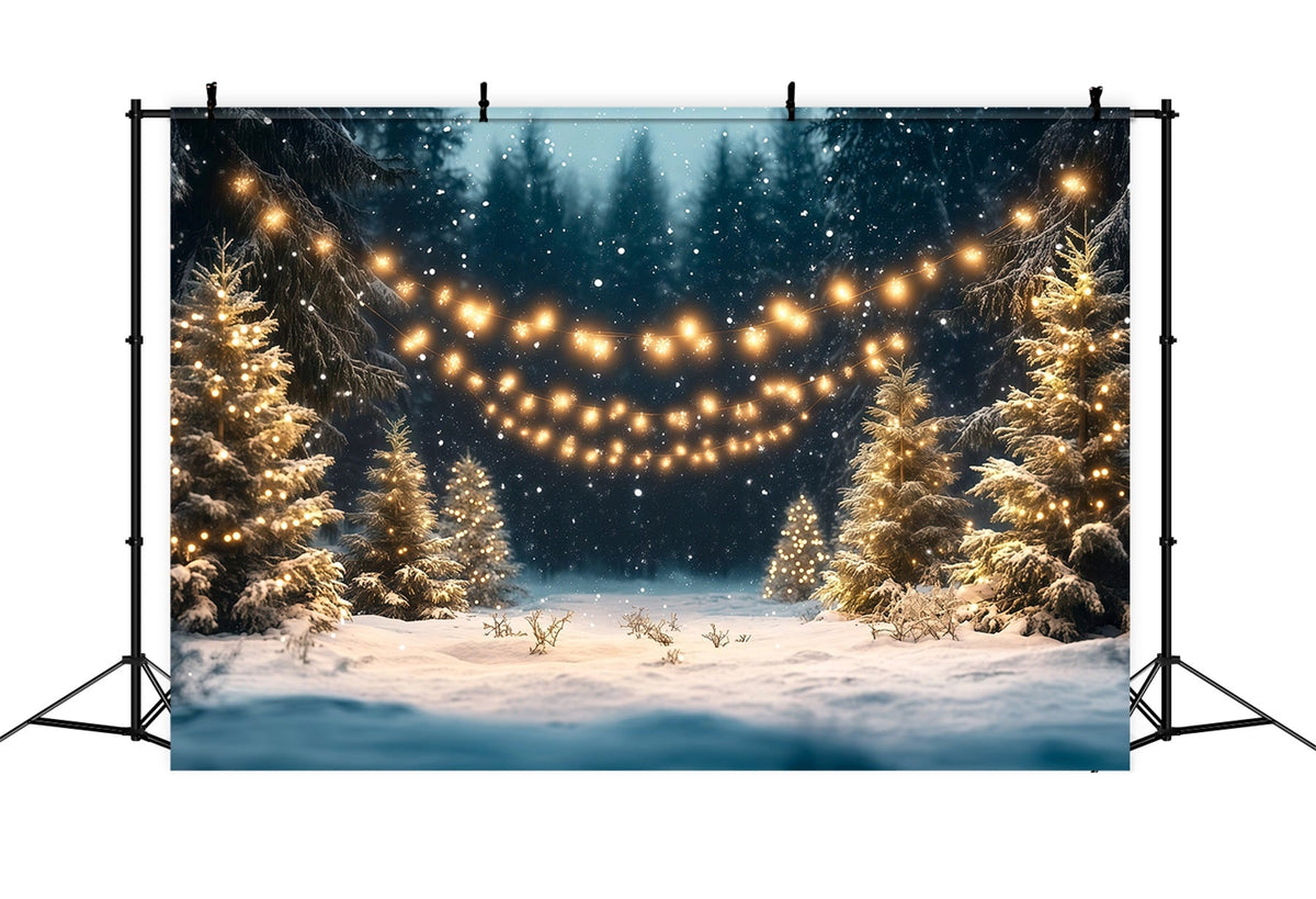 Weihnachtsbaumfarm-Hintergrund Verschneiter Wald Goldene Lichter RR610-96
