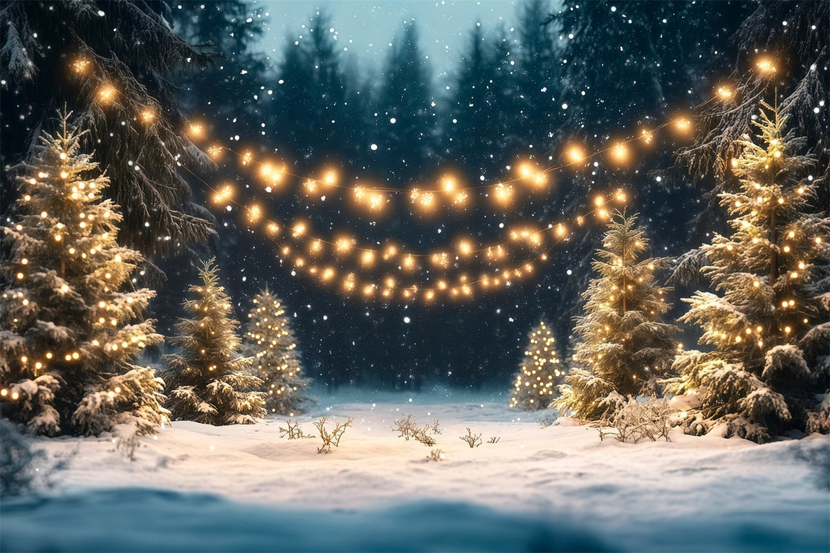 Weihnachtsbaumfarm-Hintergrund Verschneiter Wald Goldene Lichter RR610-96