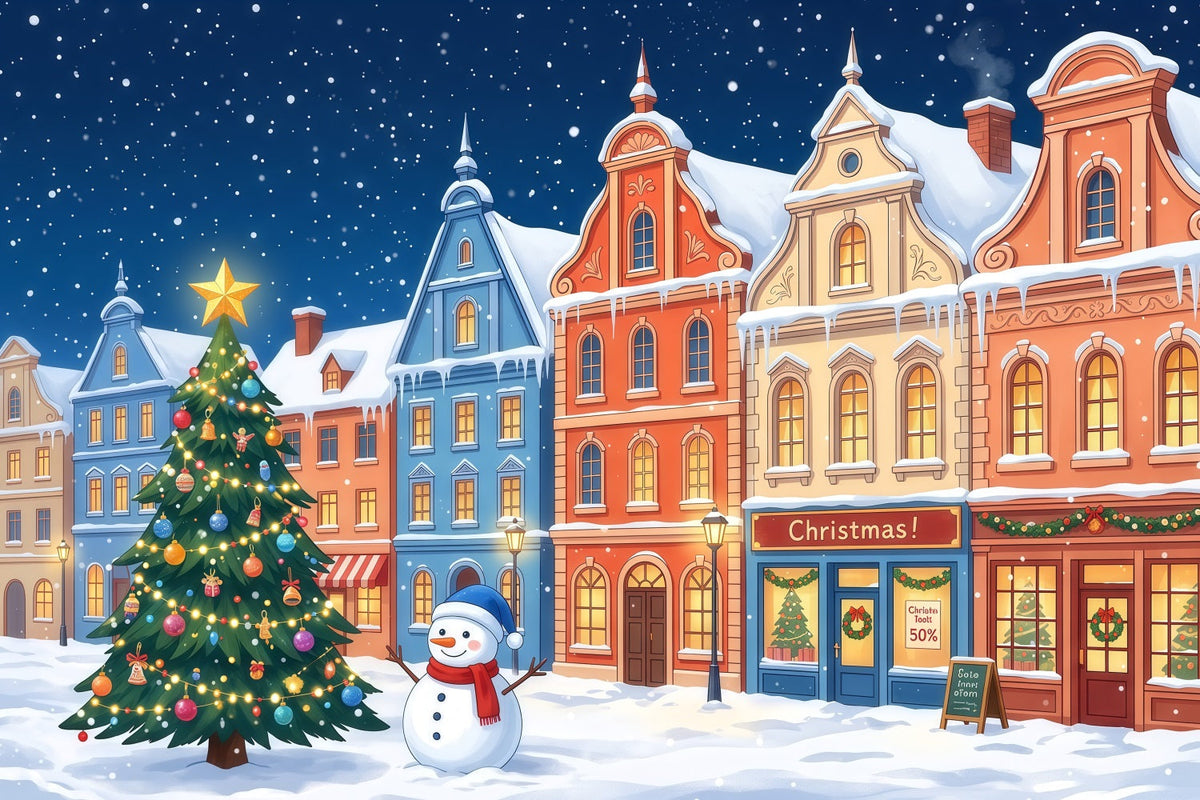 Weihnachtsstadt-Hintergrund Bunte Verschneite Stadt Schneemann RR610-97