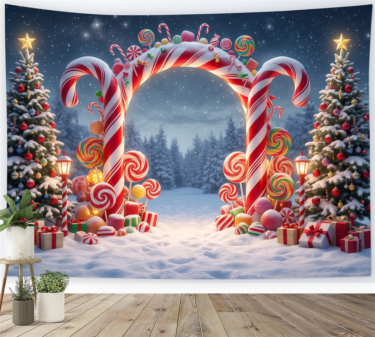 Weihnachtlicher Zuckerstangen-Hintergrund Verschneiter Wald Lutscherbogen RR610-98