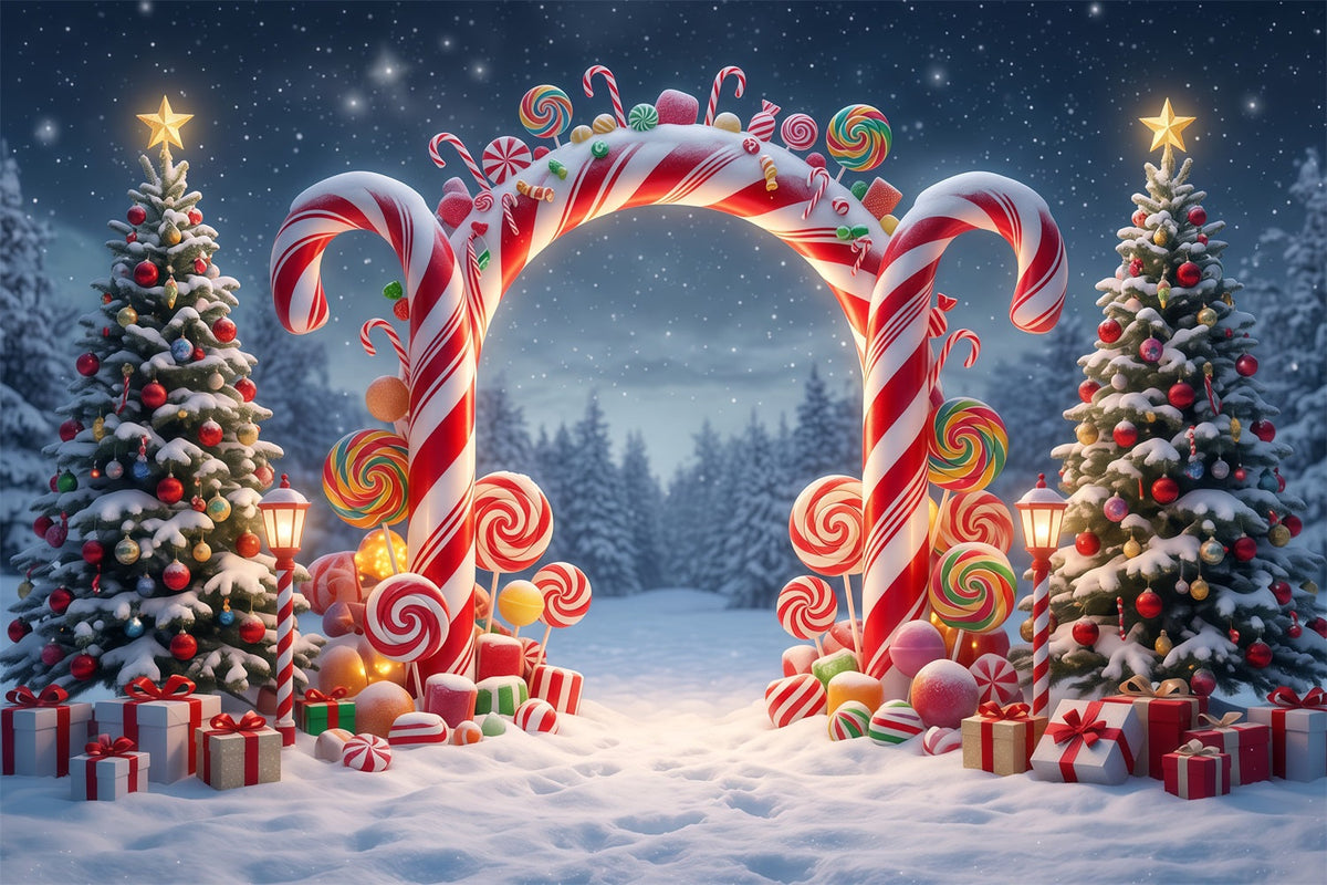 Weihnachtlicher Zuckerstangen-Hintergrund Verschneiter Wald Lutscherbogen RR610-98