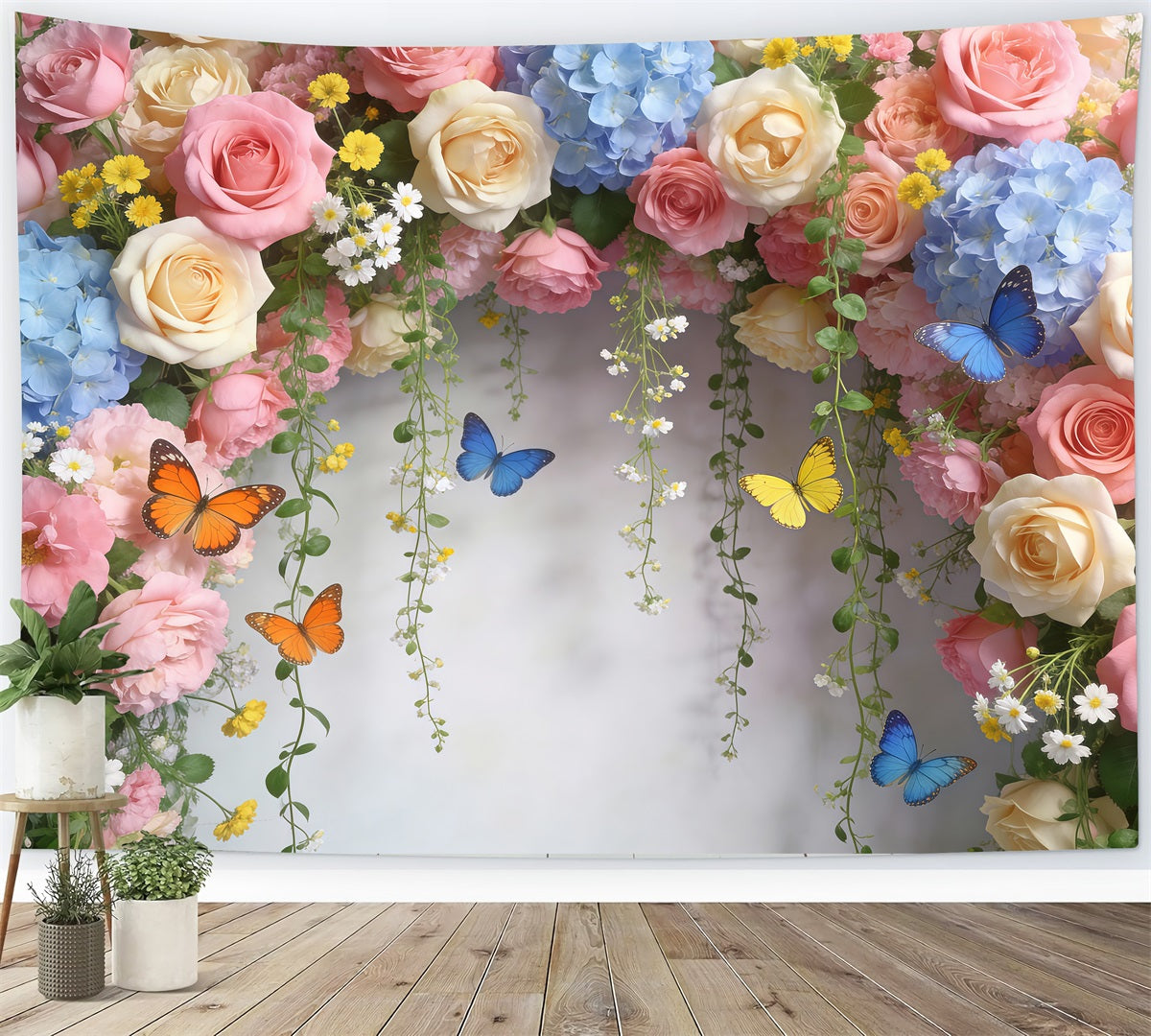 Hintergrund mit Schmetterlingen Pastellrosa Gänseblümchen Blumenbogen Blumengirlande als Hintergrund RR62-1