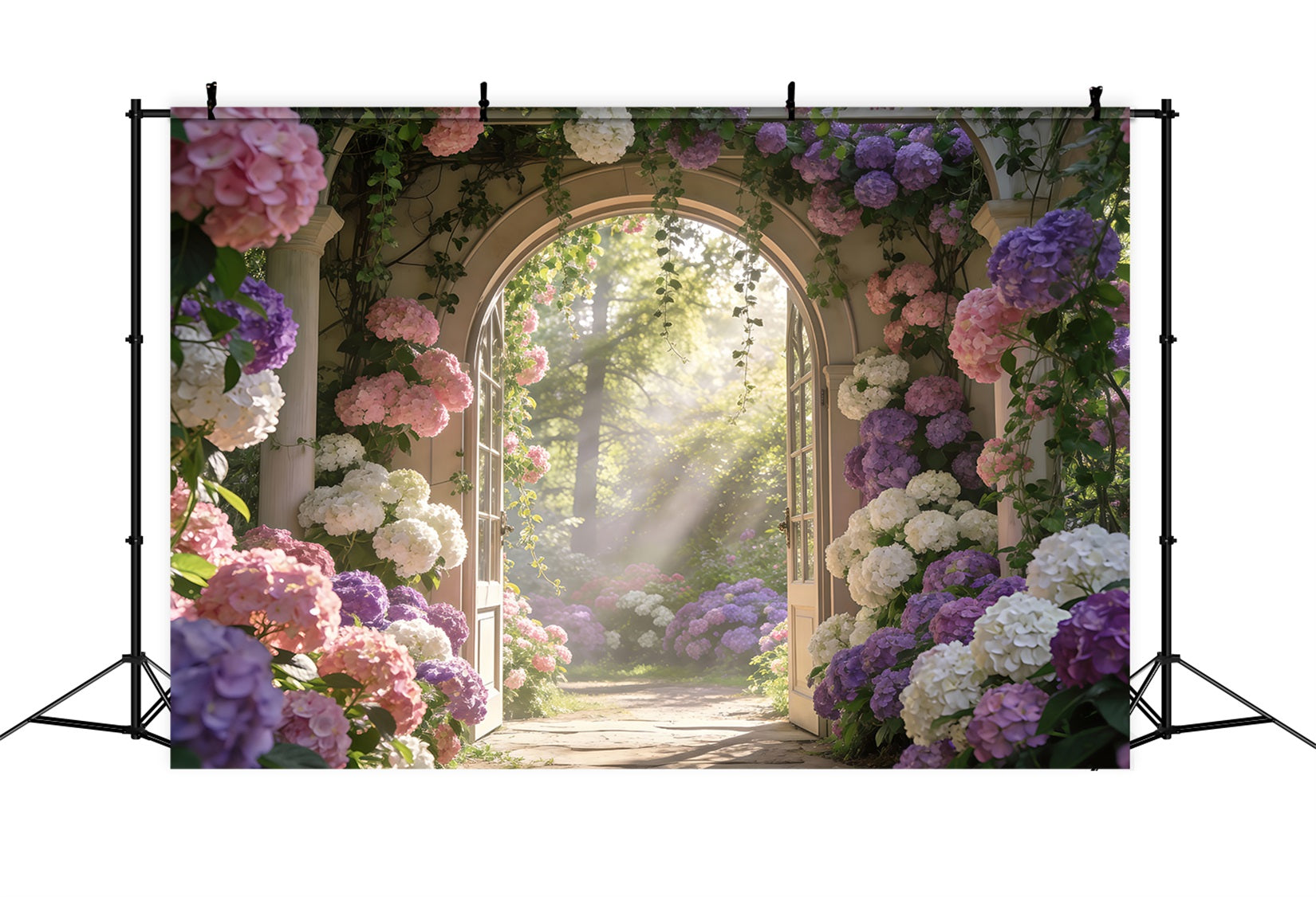 Verzauberter Garten-Fotohintergrund Sonnendurchfluteter Hortensien-Blumenbogen Frühlingshintergrund RR62-13