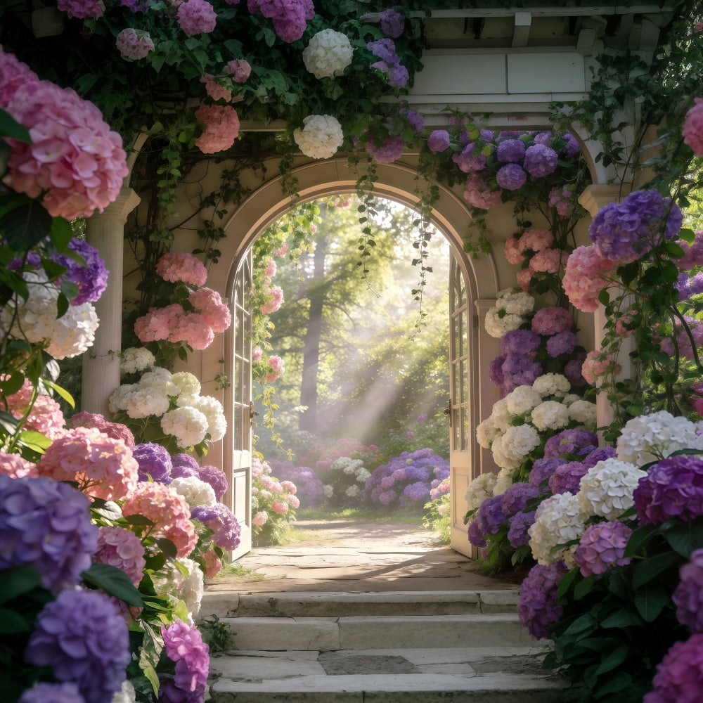 Verzauberter Garten-Fotohintergrund Sonnendurchfluteter Hortensien-Blumenbogen Frühlingshintergrund RR62-13