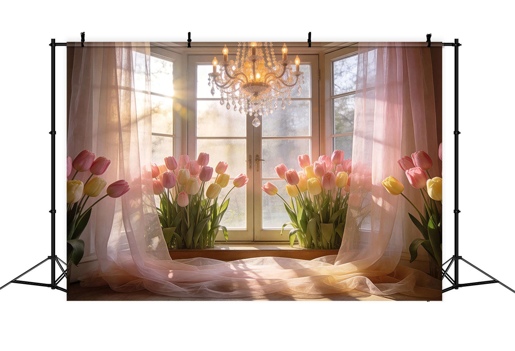 Tulpen-Hintergrund Goldenes, sonnenbeschienenes Fenster Kronleuchter Frühlingshintergründe für die Fotografie RR62-16