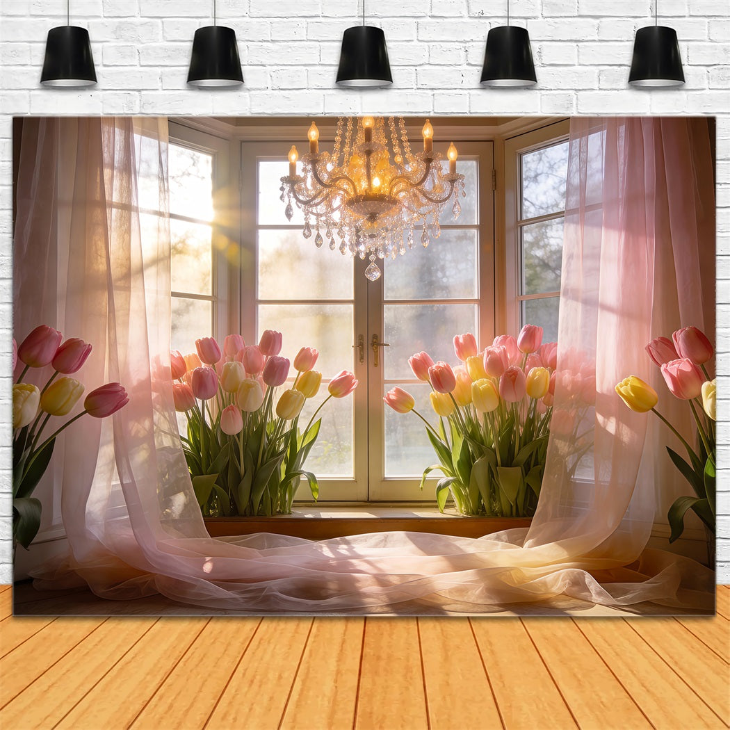 Tulpen-Hintergrund Goldenes, sonnenbeschienenes Fenster Kronleuchter Frühlingshintergründe für die Fotografie RR62-16