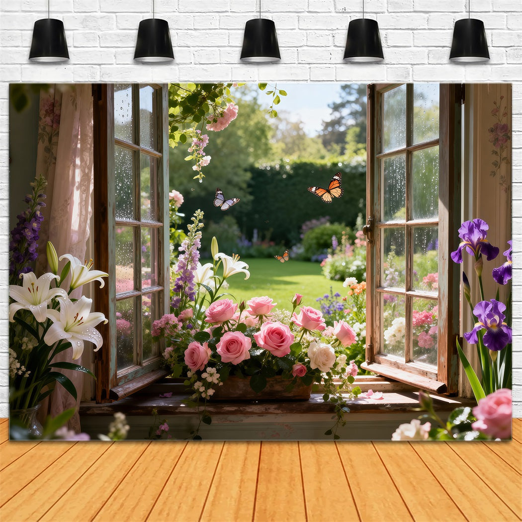 Schmetterlings-Fotohintergrund Lilien-Rosengarten Fensterblüte Frühlingshintergrund RR62-17