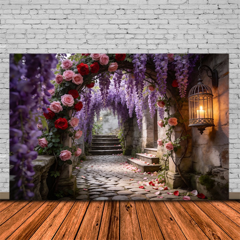 Blumengarten-Hintergrund Glyzinien Rosen Steinpassage Frühling Foto-Hintergrund Ideen RR62-25