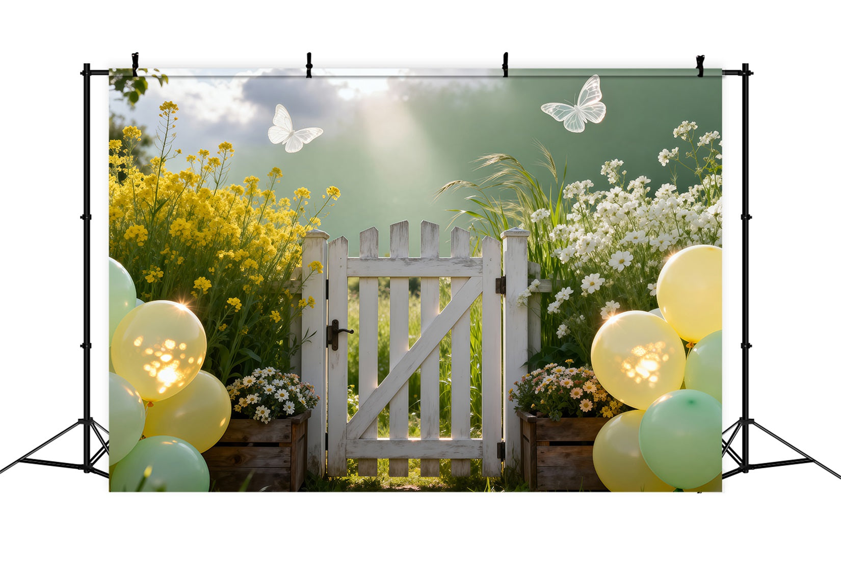Frühlingsballon-Hintergrund Pastellwiese Tor Sonnenlicht Blumengarten-Hintergrund RR62-28