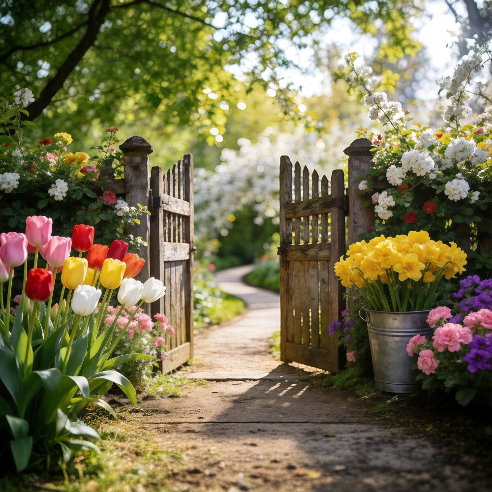 Narzissen-Hintergrund Tulpen-Garten Holztor Frühlings-Fotoshooting-Hintergrund RR62-29