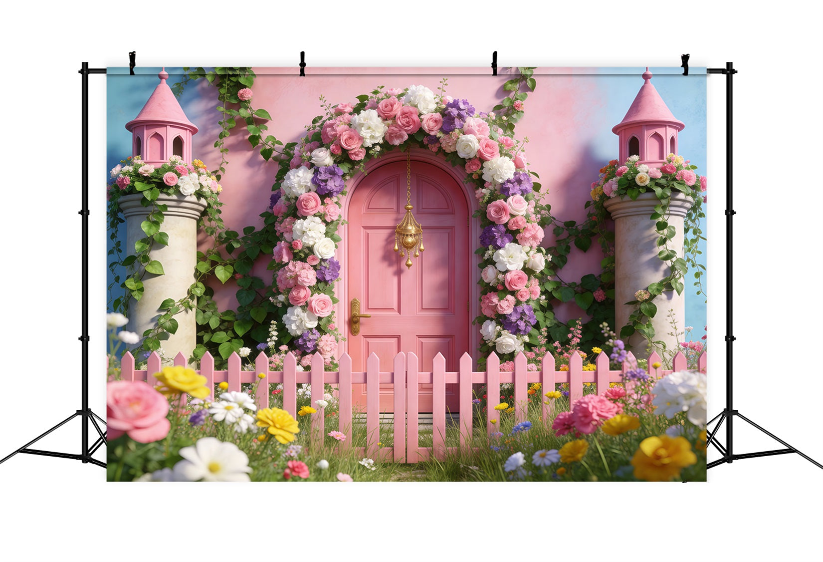 Frühlingsgarten-Hintergrund Märchenhafte rosa Tür Zaun Blumenbogen-Hintergrund RR62-38