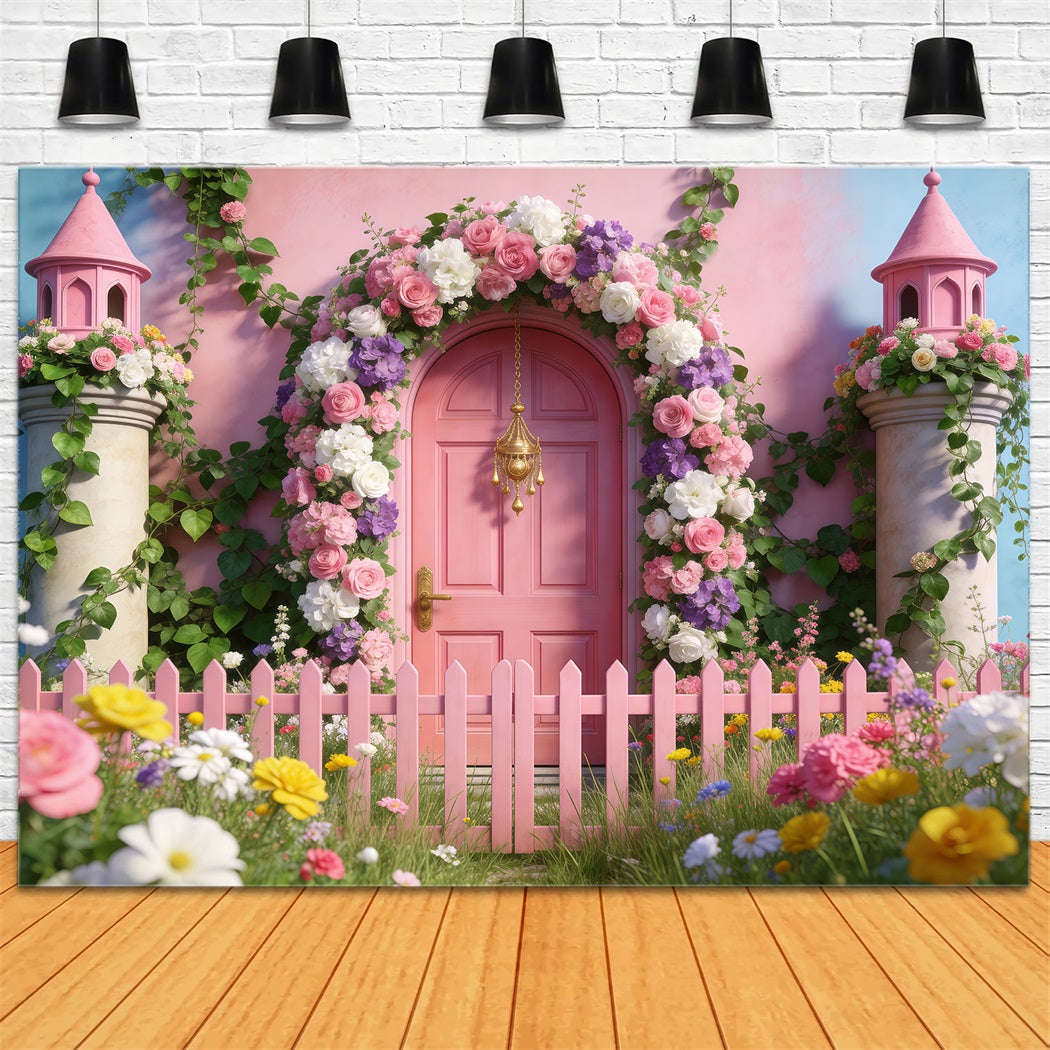 Frühlingsgarten-Hintergrund Märchenhafte rosa Tür Zaun Blumenbogen-Hintergrund RR62-38