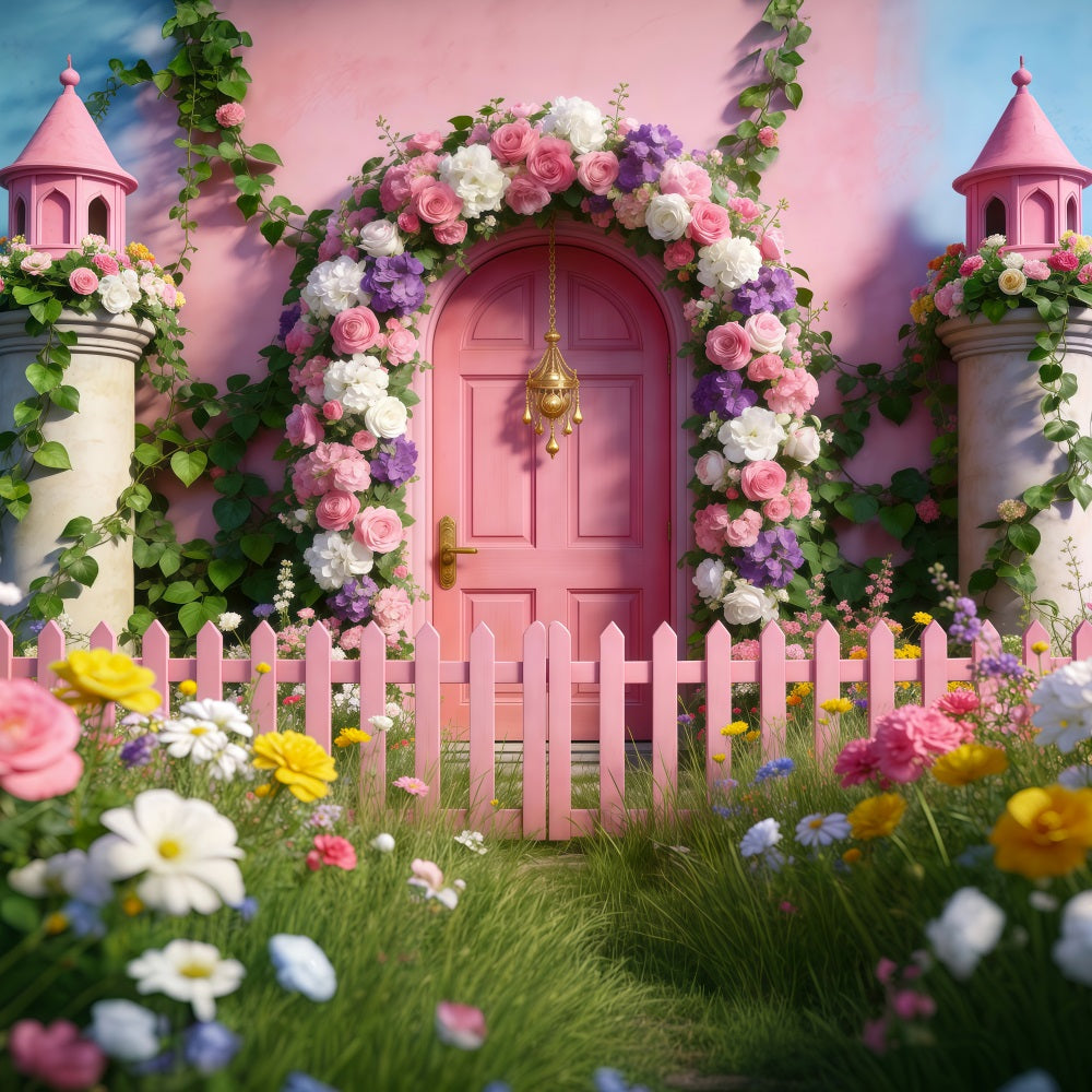 Frühlingsgarten-Hintergrund Märchenhafte rosa Tür Zaun Blumenbogen-Hintergrund RR62-38
