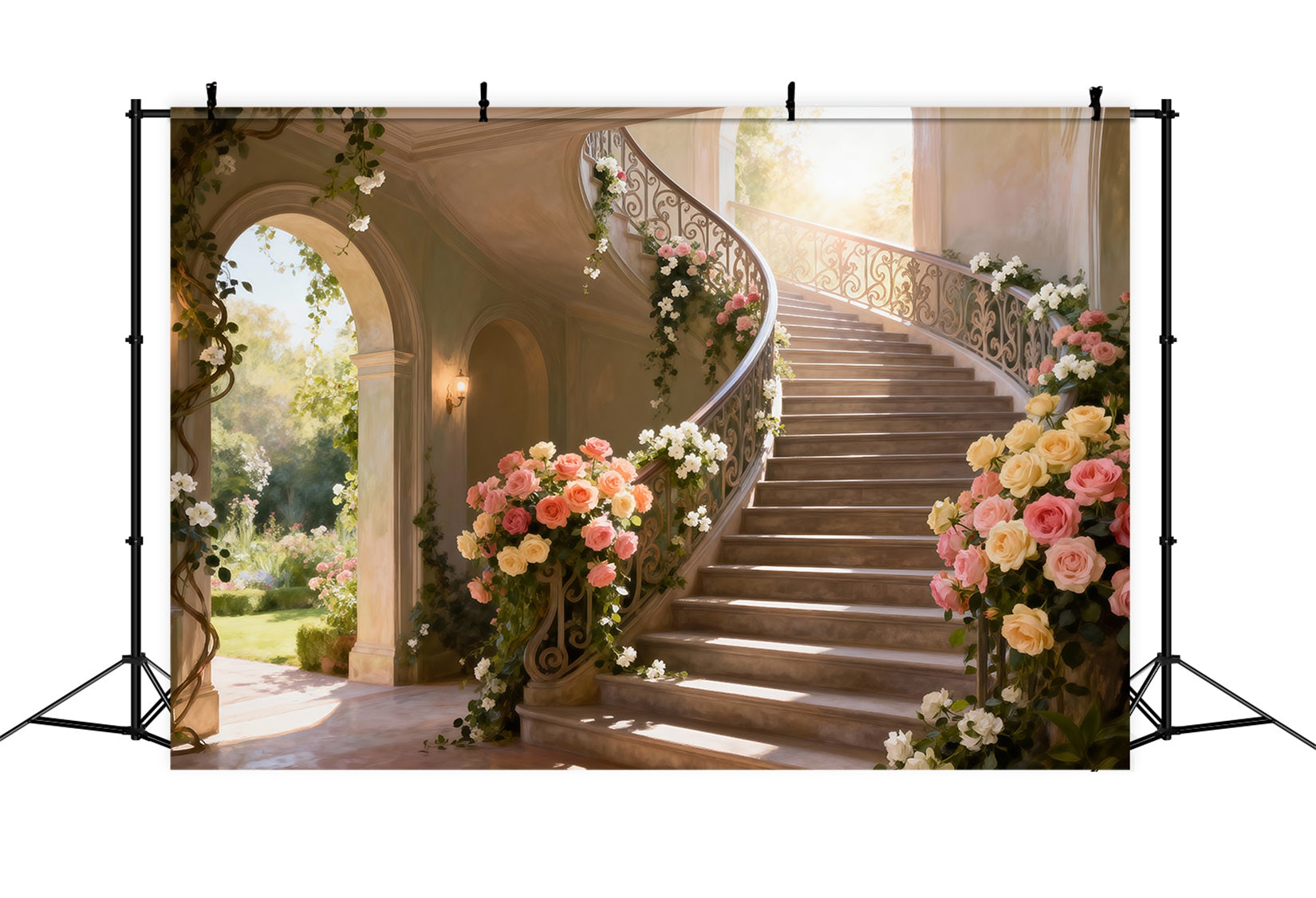 Frühlingsferien-Hintergrund Sonnendurchflutete Blumen Große Treppe Blumen-Fotohintergründe RR62-39