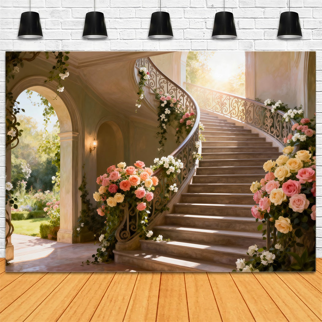 Frühlingsferien-Hintergrund Sonnendurchflutete Blumen Große Treppe Blumen-Fotohintergründe RR62-39