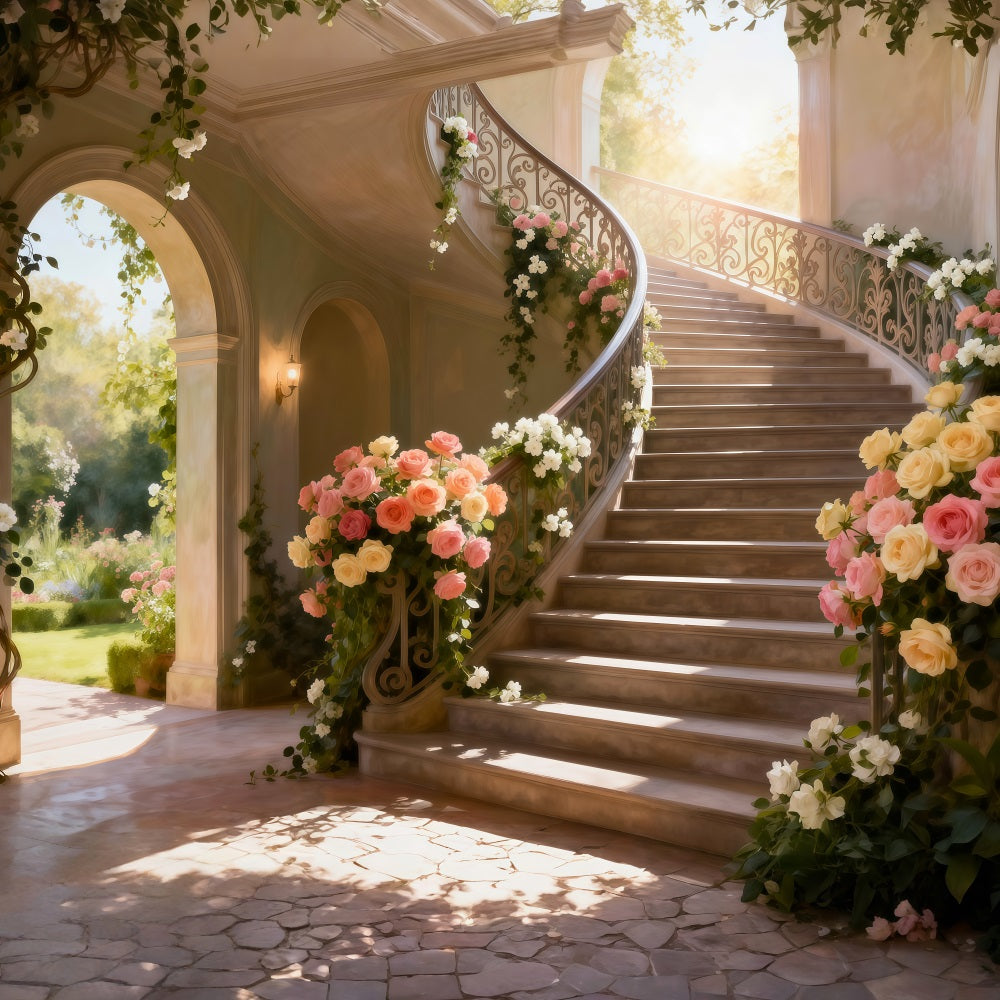Frühlingsferien-Hintergrund Sonnendurchflutete Blumen Große Treppe Blumen-Fotohintergründe RR62-39