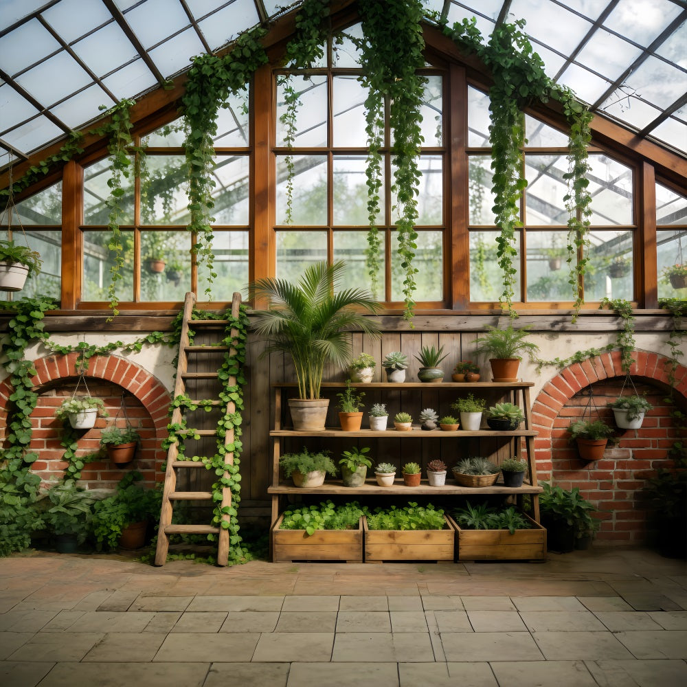 Frühlingsgewächshaus-Hintergrund Rustikale botanische Regale Fotografie Frühlingshintergrund RR62-40