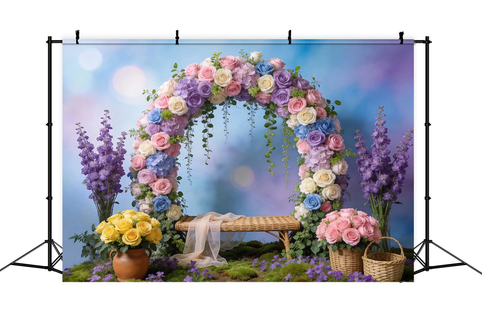 Wildblumengirlanden-Hintergrund Pastellfarbener Blumenbogen Bokeh Frühlingshintergründe RR62-41