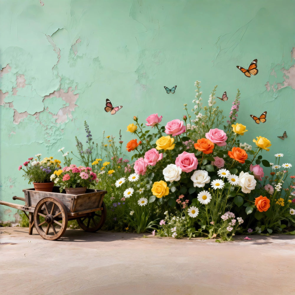 Schmetterlingshintergrund Vintage-Gartenwagen Blumen-Frühlingshintergrund für Fotos RR62-46