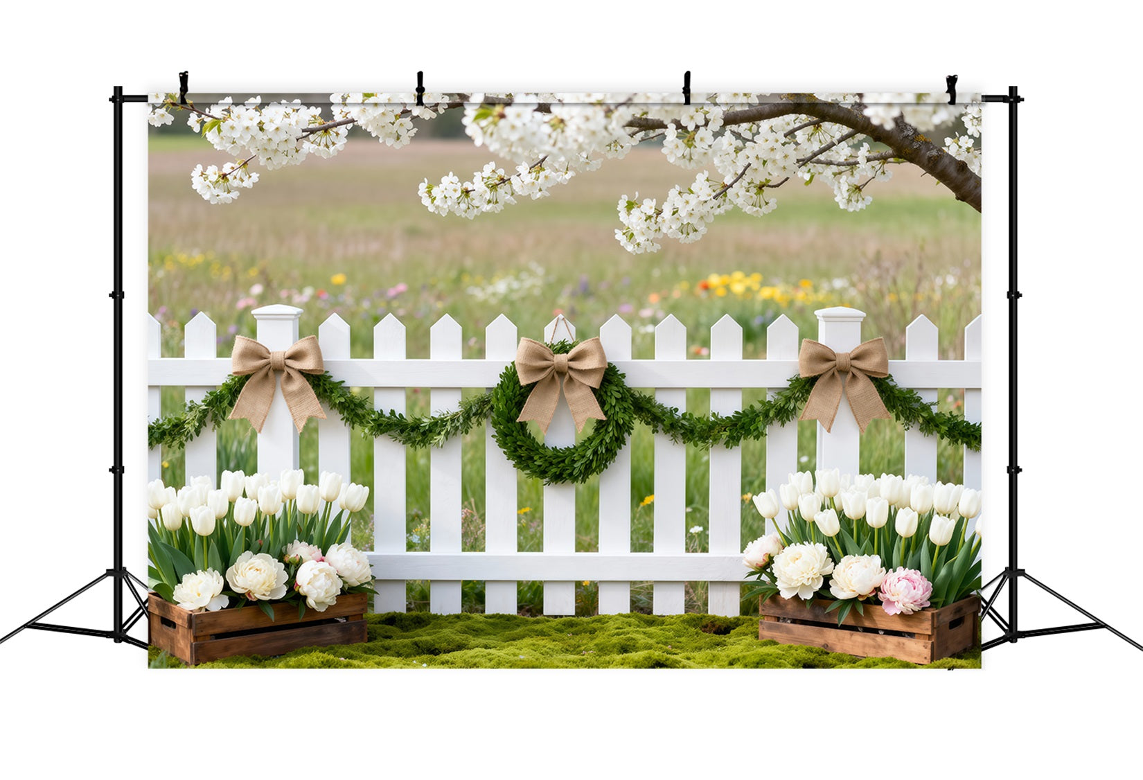 Kirschblütenhintergrund Wildblumenwiese Zaun Tulpen Ideen für Frühlingsfotohintergründe RR62-47