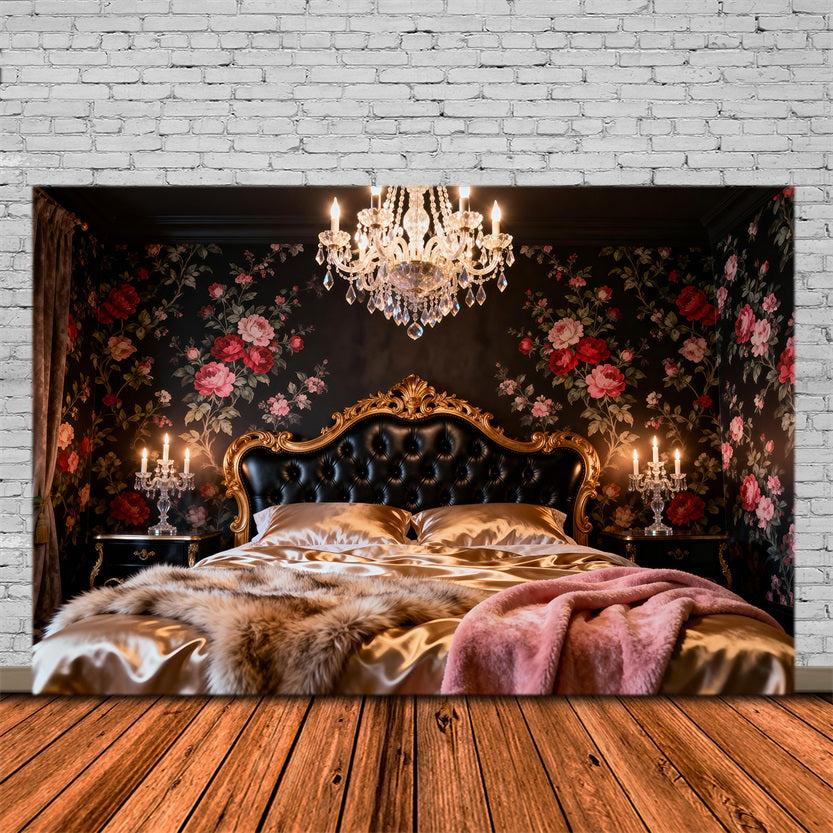 Boudoir-Kopfteil-Hintergrund Dunkler Blumen-Kronleuchter Luxuriöser Kopfteil-Fotohintergrund RR62-57