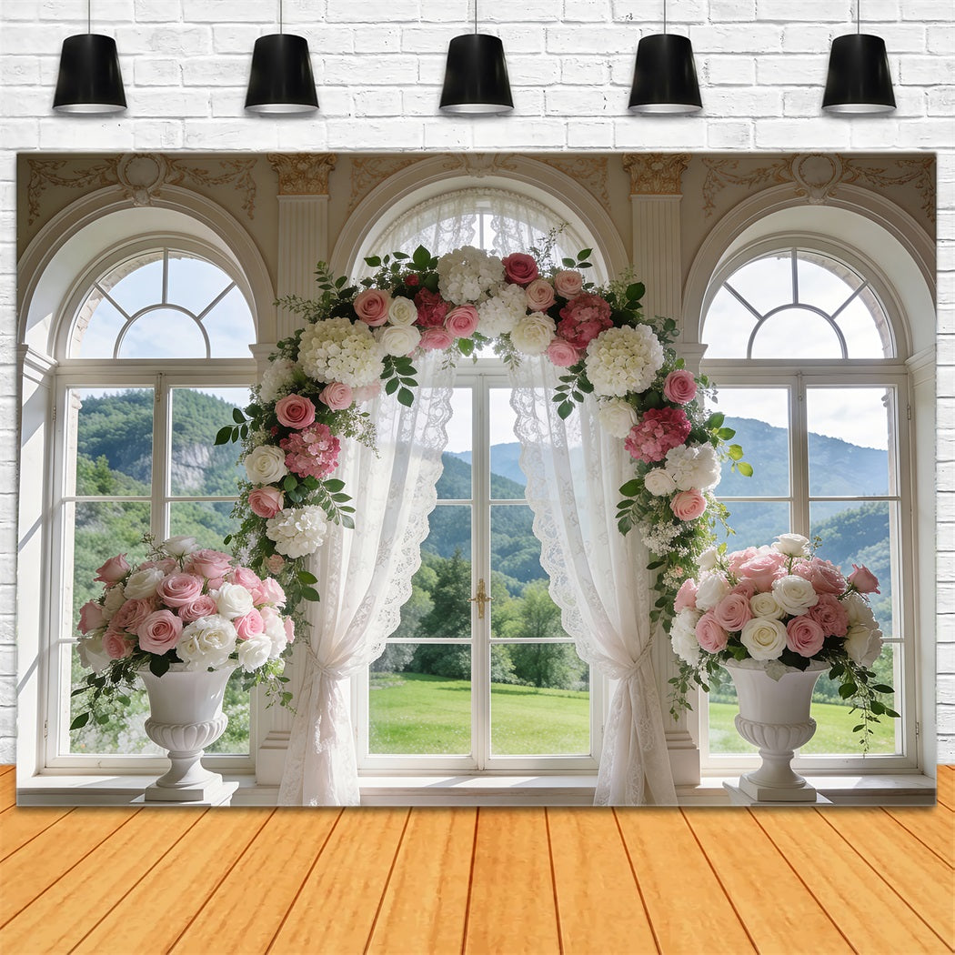 Frühlingshochzeits-Hintergrund Klassisches Fenster Rosenbogen Vorhänge Blumen-Foto-Hintergrund RR62-6