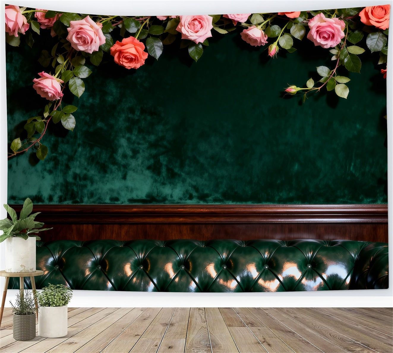 Boudoir-Hintergrund Smaragdgrüner Samt Blumenmuster Lounge-Bett Kopfteil-Hintergrund RR62-60