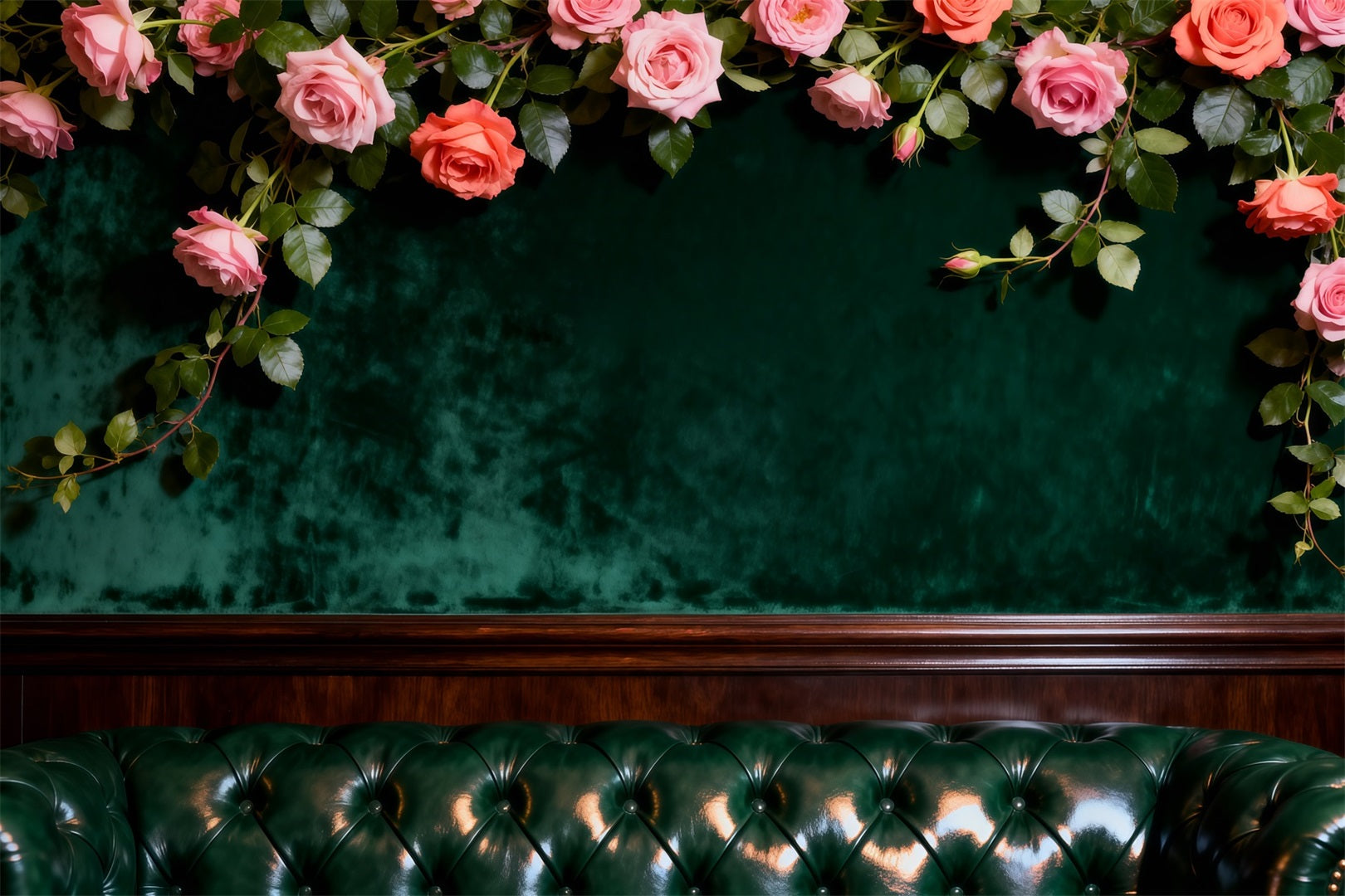 Boudoir-Hintergrund Smaragdgrüner Samt Blumenmuster Lounge-Bett Kopfteil-Hintergrund RR62-60