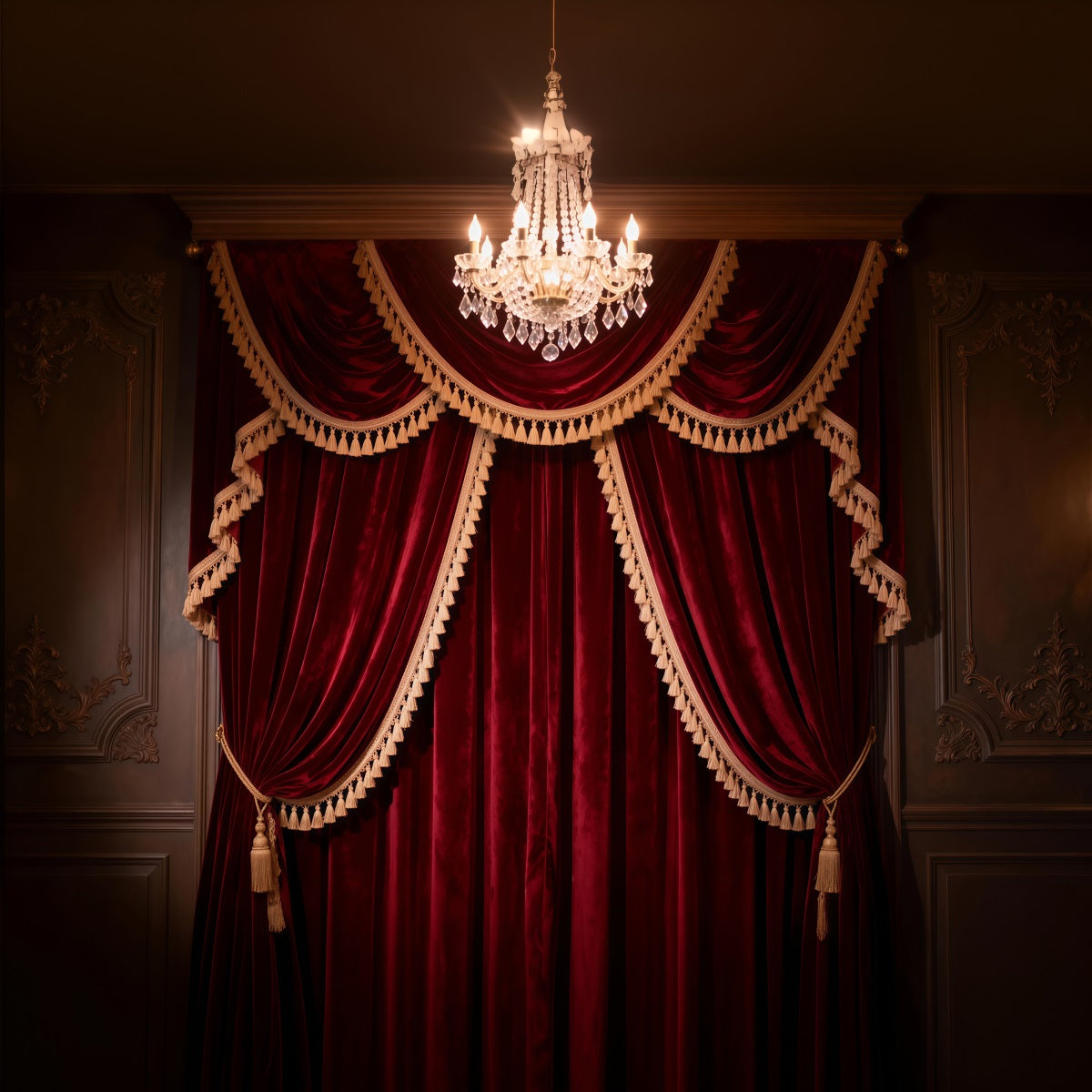 Boudoir-Fotografie-Hintergründe Grand Burgundy Quastenvorhang Kronleuchter Vintage-Hintergrund RR62-77