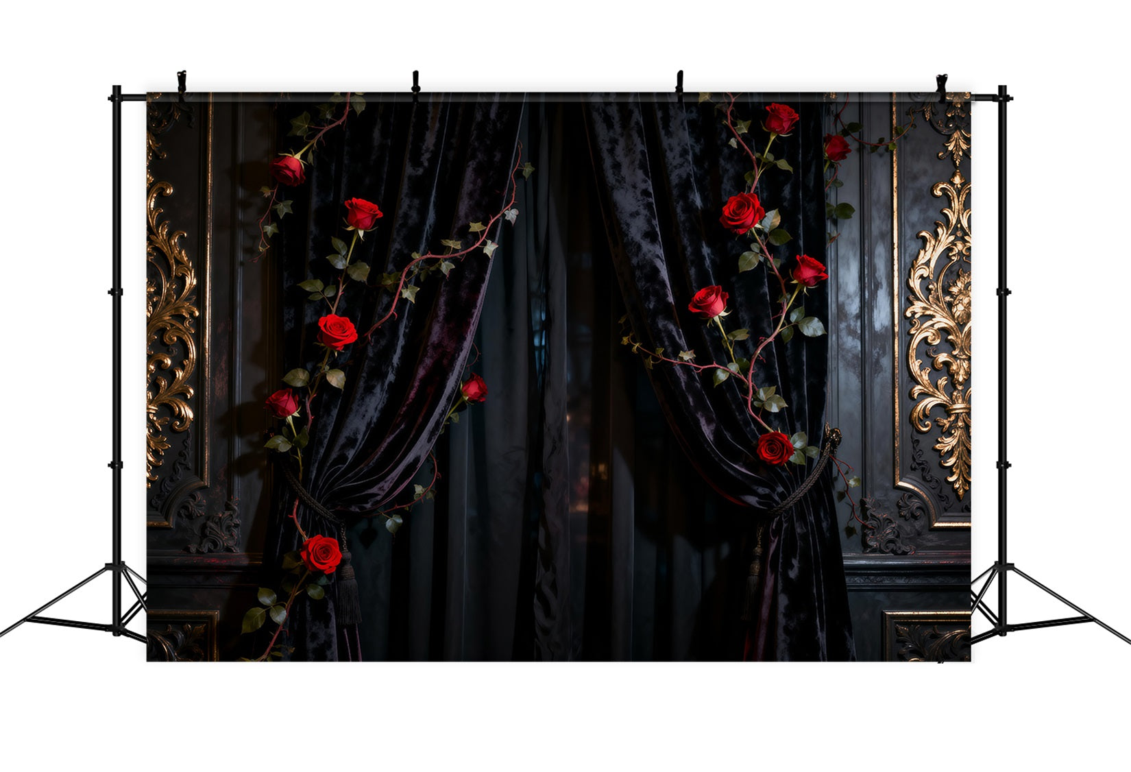 Boudoir-Hintergrund Schwarzer Samtvorhang mit Rosen Vintage-Fotografie-Hintergründe RR62-92