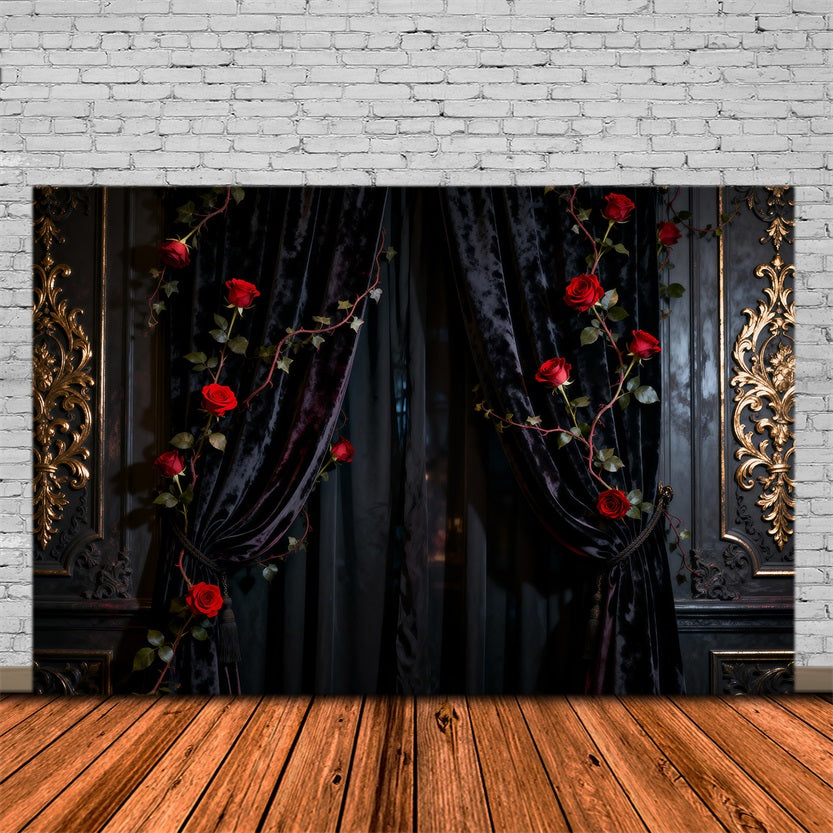 Boudoir-Hintergrund Schwarzer Samtvorhang mit Rosen Vintage-Fotografie-Hintergründe RR62-92
