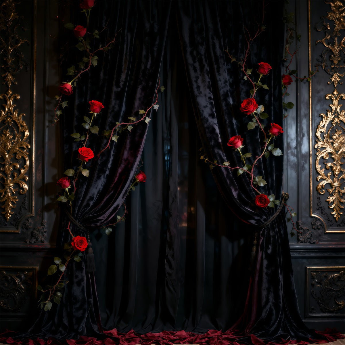 Boudoir-Hintergrund Schwarzer Samtvorhang mit Rosen Vintage-Fotografie-Hintergründe RR62-92